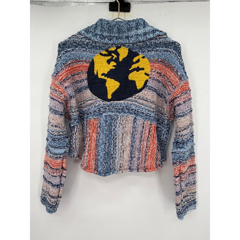 Pilcro Anthropologie Globe Patch Space Dye Knit Cardigan Sweater Blue Orange XS